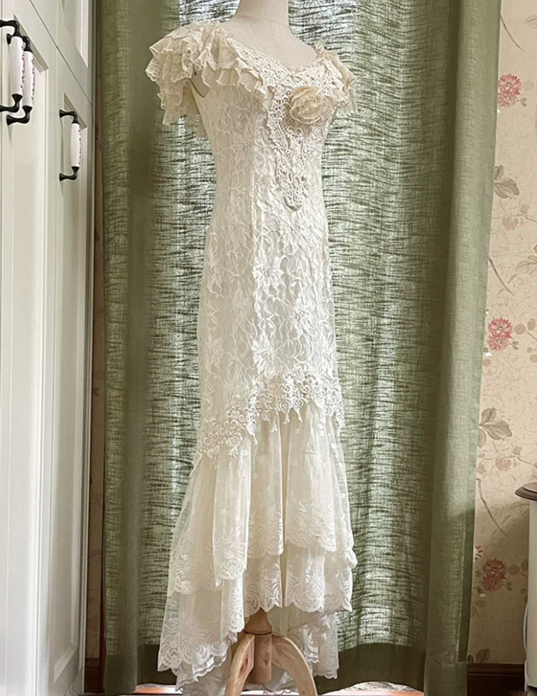 Sleek V Neck Tiered Prom Dress White Lace Mermaid Evening Dress C9843