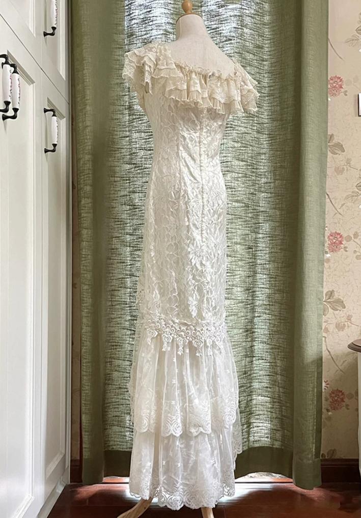 Sleek V Neck Tiered Prom Dress White Lace Mermaid Evening Dress C9843