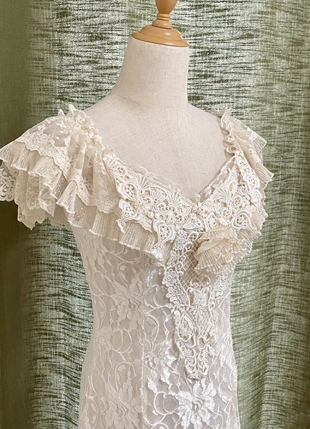 Sleek V Neck Tiered Prom Dress White Lace Mermaid Evening Dress C9843