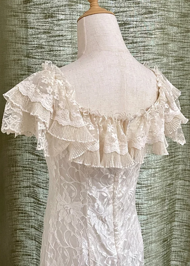 Sleek V Neck Tiered Prom Dress White Lace Mermaid Evening Dress C9843
