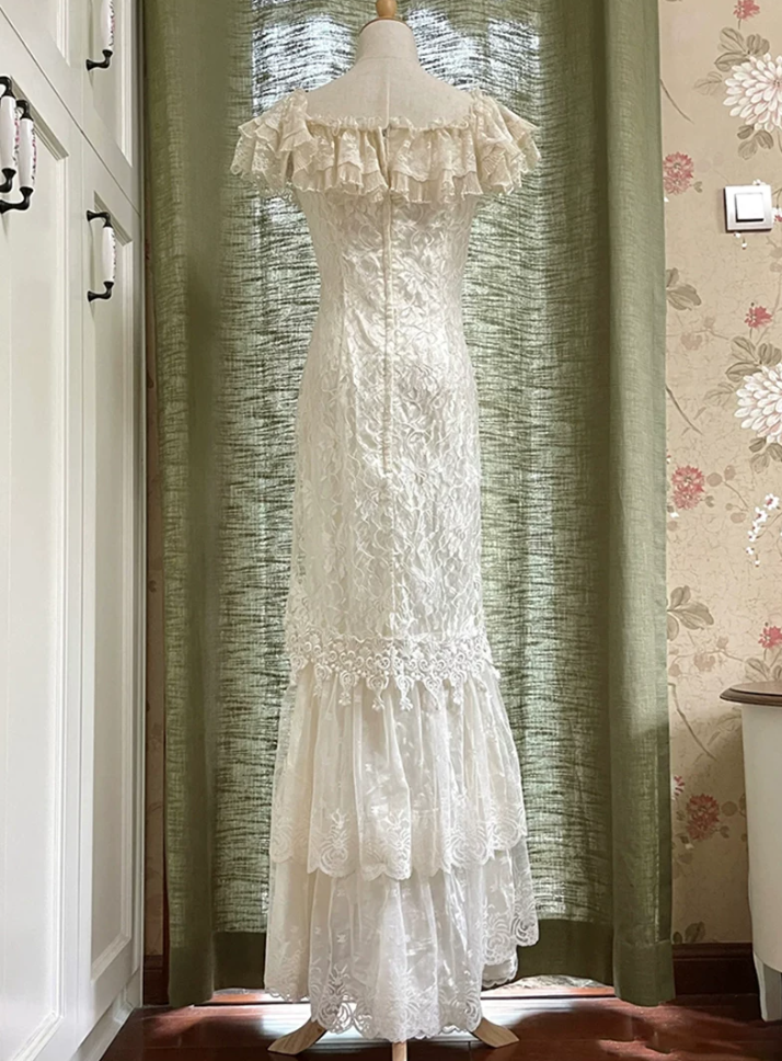 Sleek V Neck Tiered Prom Dress White Lace Mermaid Evening Dress C9843