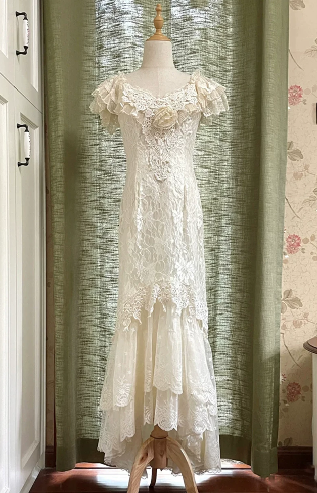 Sleek V Neck Tiered Prom Dress White Lace Mermaid Evening Dress C9843