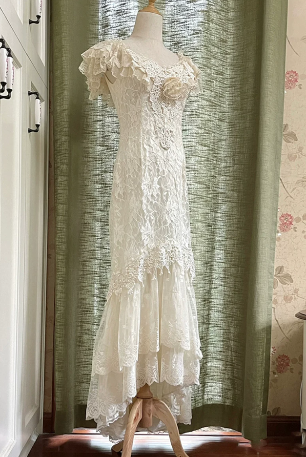 Sleek V Neck Tiered Prom Dress White Lace Mermaid Evening Dress C9843