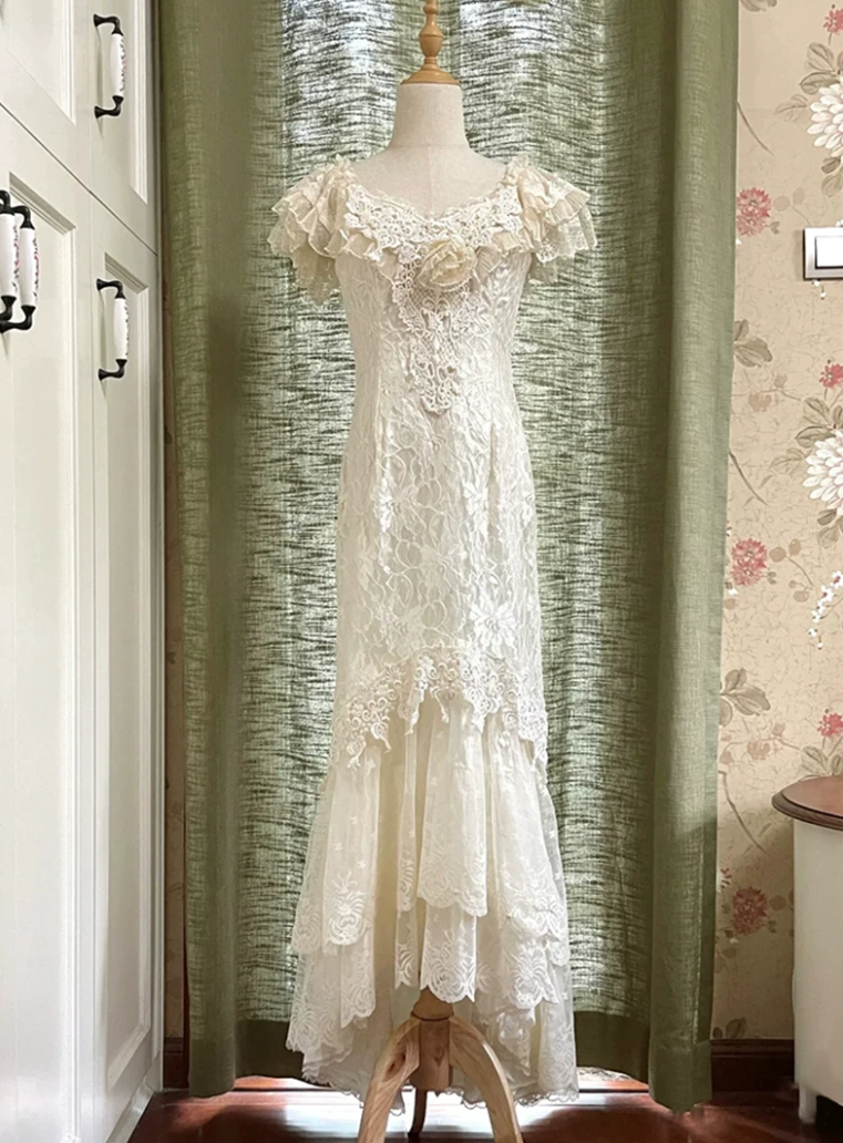 Sleek V Neck Tiered Prom Dress White Lace Mermaid Evening Dress C9843