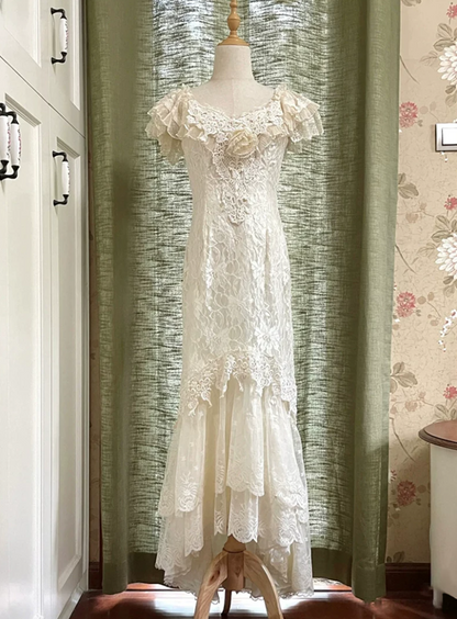 Sleek V Neck Tiered Prom Dress White Lace Mermaid Evening Dress C9843