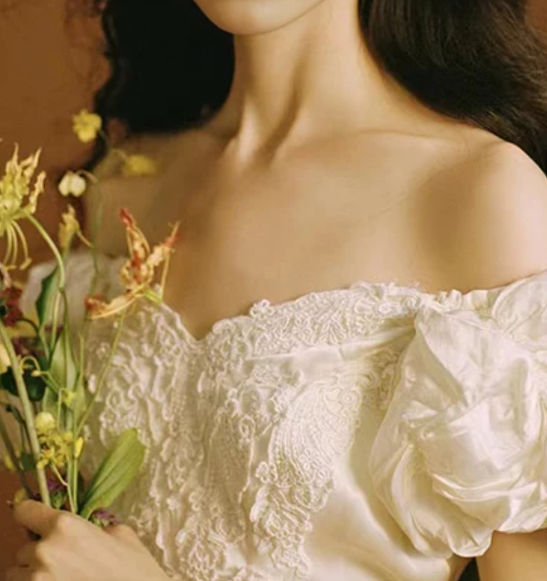 Enchanting Off-Shoulder Lace Wedding Dresses Satin Short Sleeve A-Line Bridal Dress C9847