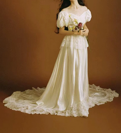 Enchanting Off-Shoulder Lace Wedding Dresses Satin Short Sleeve A-Line Bridal Dress C9847