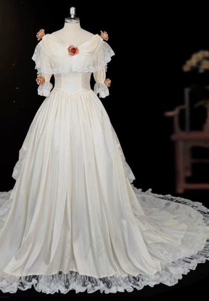 Vintage Off-Shoulder Lace Wedding Dresses Satin Long Sleeve Floral A-Line Bridal Dress C9848
