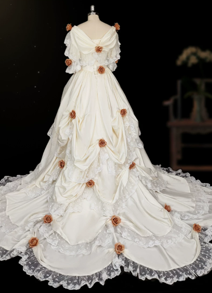 Vintage Off-Shoulder Lace Wedding Dresses Satin Long Sleeve Floral A-Line Bridal Dress C9848