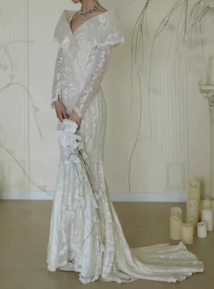 Unique Off-Shoulder Lace Wedding Dresses Long Sleeve Sequins Mermaid Bridal Dress C9854