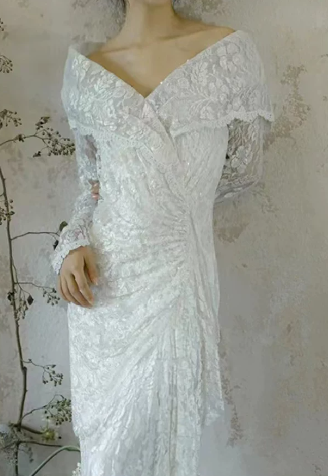 Unique Off-Shoulder Lace Wedding Dresses Long Sleeve Sequins Mermaid Bridal Dress C9854
