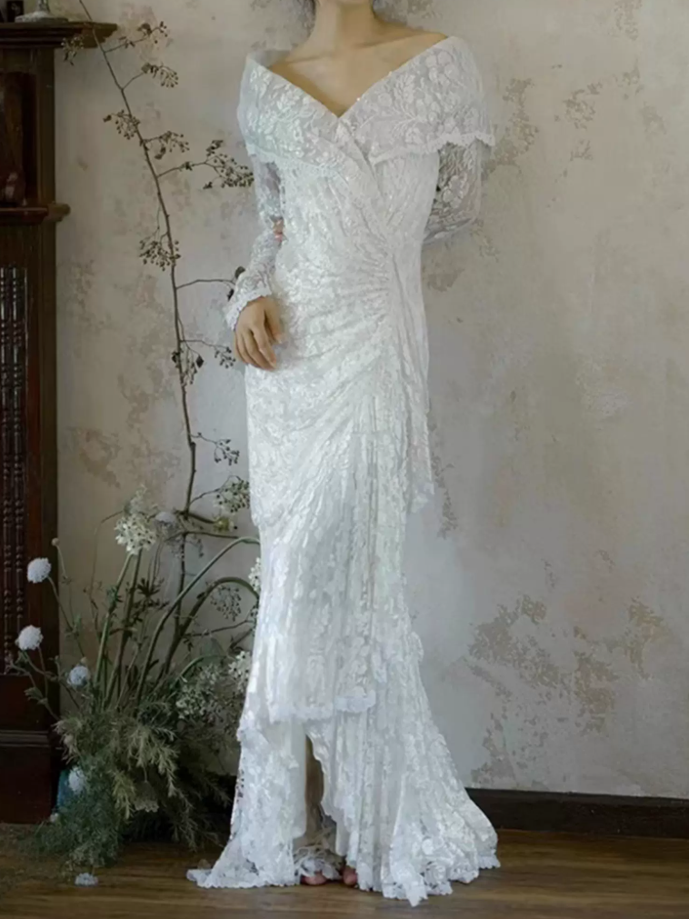 Unique Off-Shoulder Lace Wedding Dresses Long Sleeve Sequins Mermaid Bridal Dress C9854
