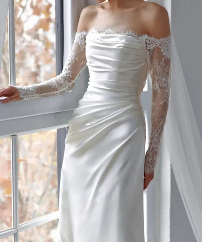 Superbe robe de mariée sirène bustier en satin et tulle, longue et en dentelle, C4563