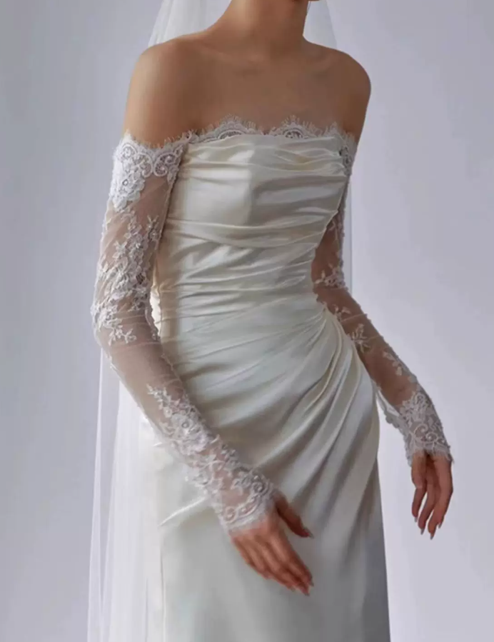 Superbe robe de mariée sirène bustier en satin et tulle, longue et en dentelle, C4563