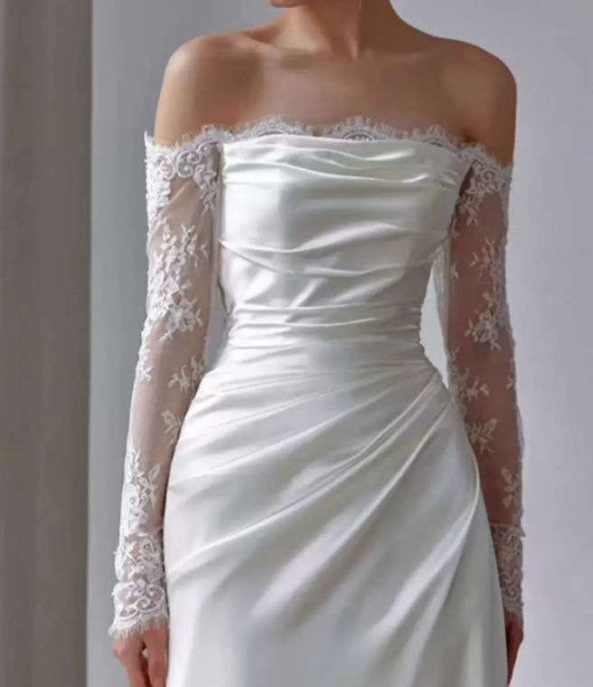 Superbe robe de mariée sirène bustier en satin et tulle, longue et en dentelle, C4563