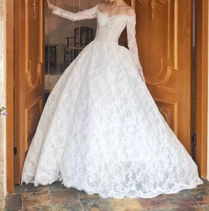 Glam Off-Shoulder Lace Wedding Dresses Long Sleeve A-Line Bridal Dress C9856