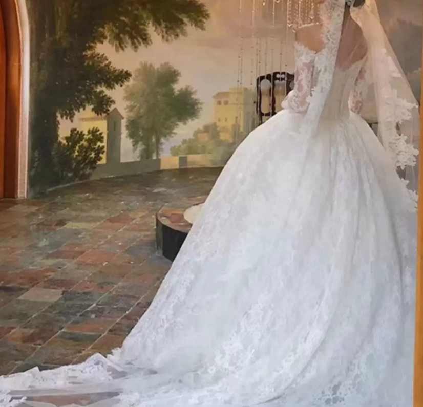 Glam Off-Shoulder Lace Wedding Dresses Long Sleeve A-Line Bridal Dress C9856