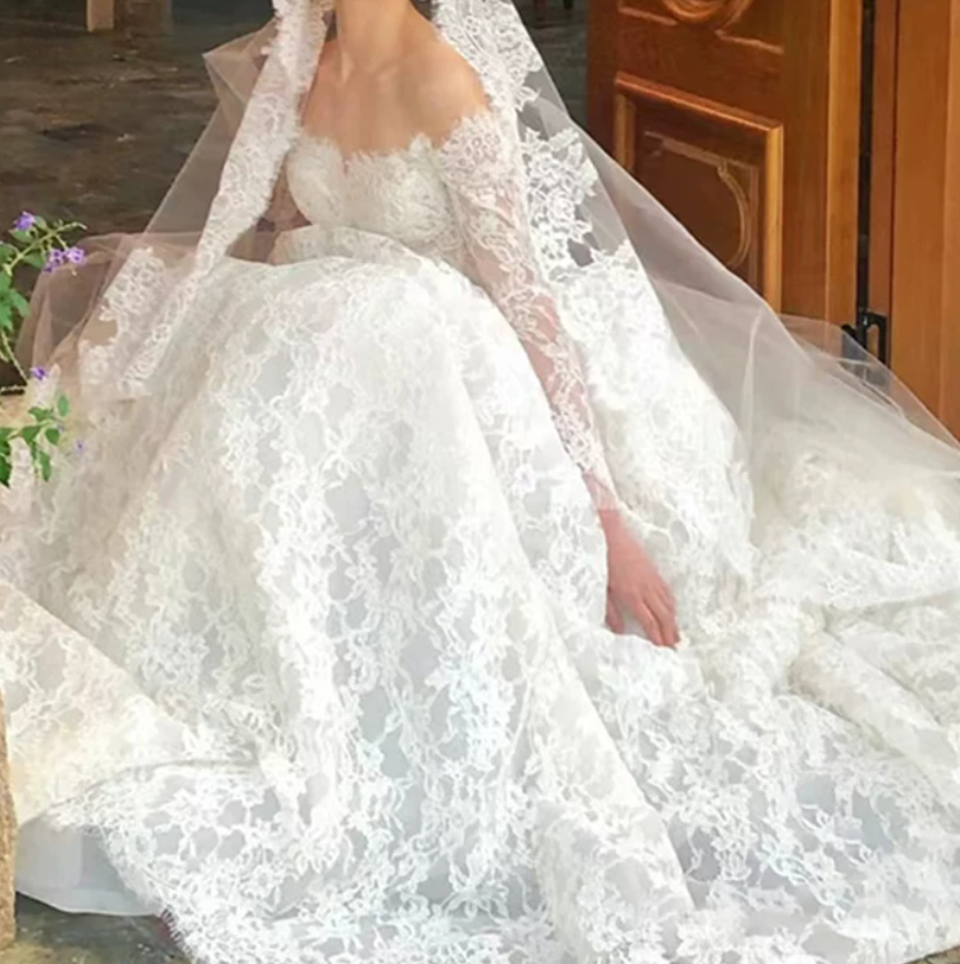 Glam Off-Shoulder Lace Wedding Dresses Long Sleeve A-Line Bridal Dress C9856