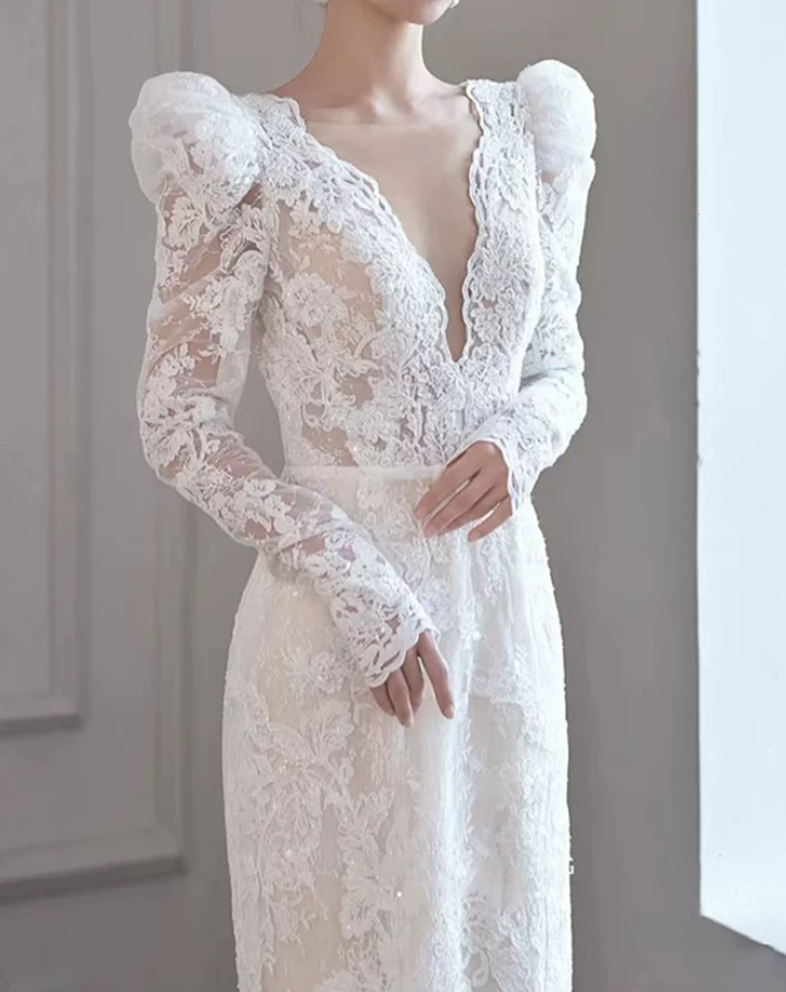 Sleek V Neck Lace Wedding Dresses Long Sleeve Sequins Mermaid Bridal Dress C9858