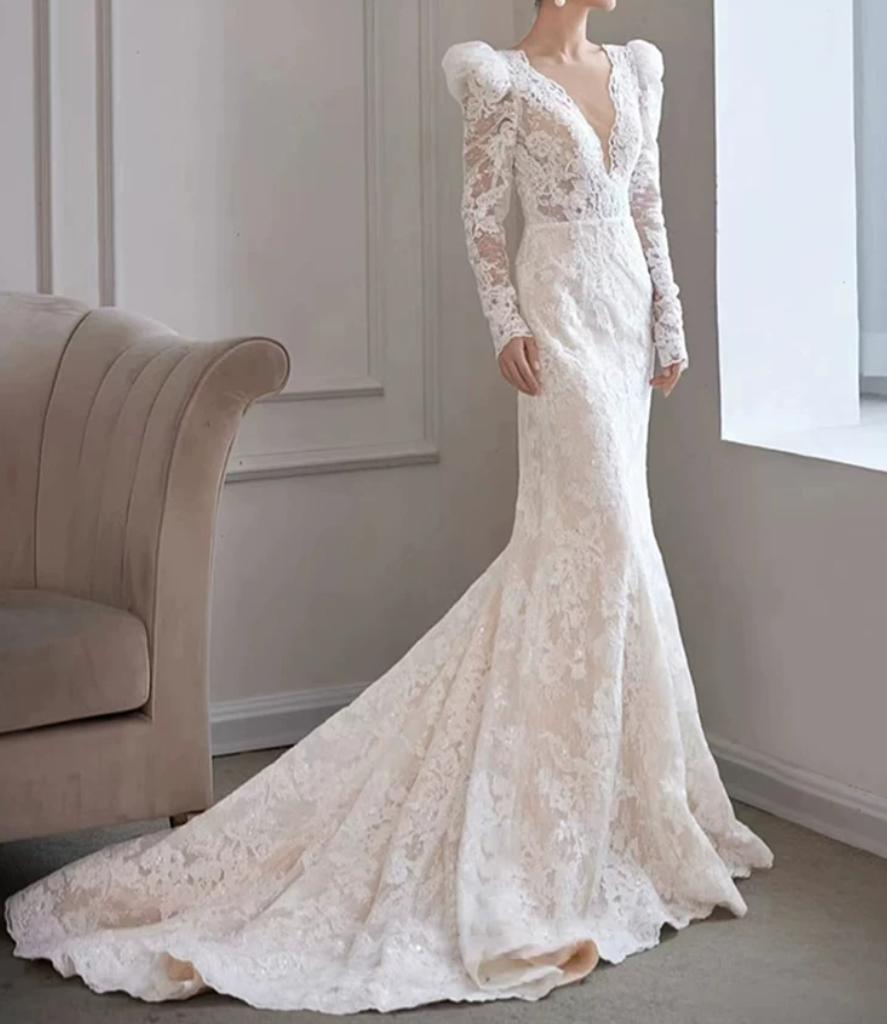 Sleek V Neck Lace Wedding Dresses Long Sleeve Sequins Mermaid Bridal Dress C9858