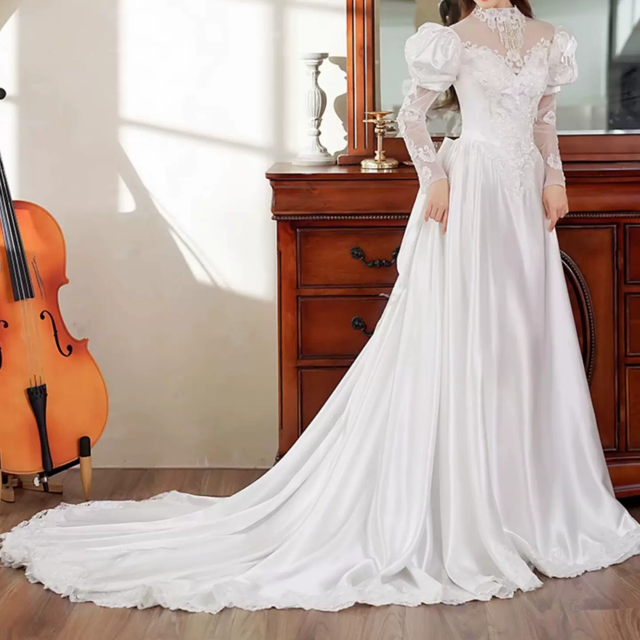 Vintage High Collar Beading Wedding Dresses Satin Long Sleeve A-Line Bridal Dress C9862