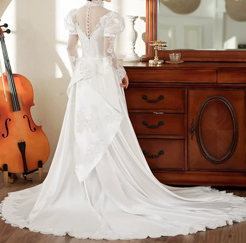 Vintage High Collar Beading Wedding Dresses Satin Long Sleeve A-Line Bridal Dress C9862