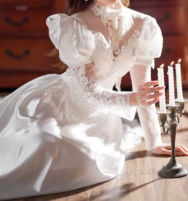 Vintage High Collar Beading Wedding Dresses Satin Long Sleeve A-Line Bridal Dress C9862