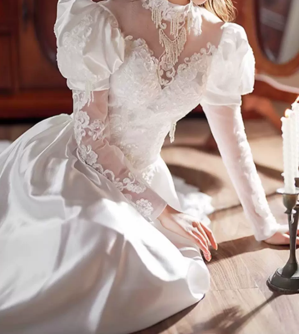 Vintage High Collar Beading Wedding Dresses Satin Long Sleeve A-Line Bridal Dress C9862