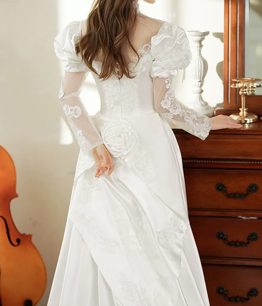 Vintage High Collar Beading Wedding Dresses Satin Long Sleeve A-Line Bridal Dress C9862