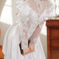 Vintage High Collar Beading Wedding Dresses Satin Long Sleeve A-Line Bridal Dress C9862