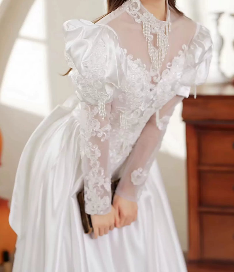 Vintage High Collar Beading Wedding Dresses Satin Long Sleeve A-Line Bridal Dress C9862