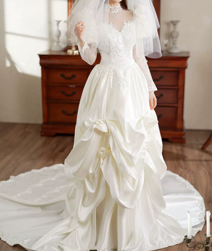 Romantic High Collar Appliques Wedding Dresses Satin Long Sleeve A-Line Bridal Dress C9863