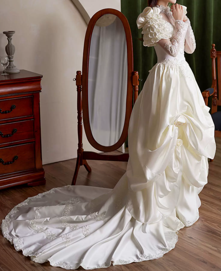 Romantic High Collar Appliques Wedding Dresses Satin Long Sleeve A-Line Bridal Dress C9863