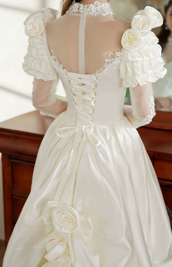 Romantic High Collar Appliques Wedding Dresses Satin Long Sleeve A-Line Bridal Dress C9863