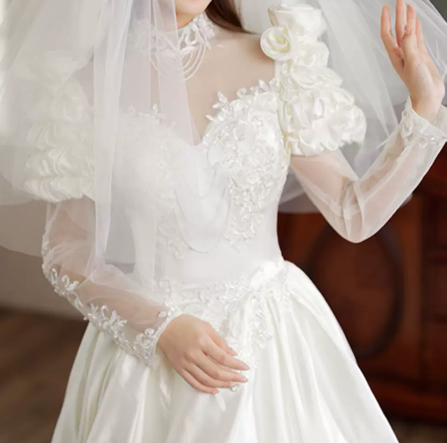 Romantic High Collar Appliques Wedding Dresses Satin Long Sleeve A-Line Bridal Dress C9863