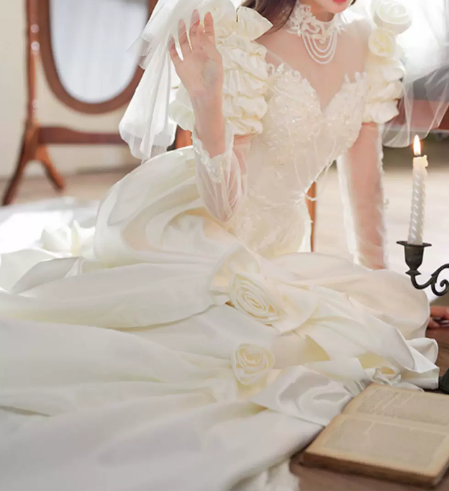 Romantic High Collar Appliques Wedding Dresses Satin Long Sleeve A-Line Bridal Dress C9863