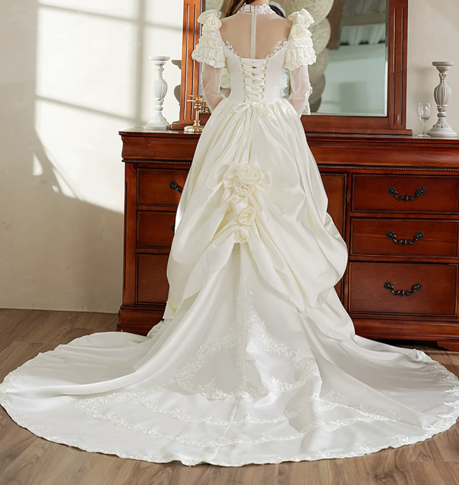 Romantic High Collar Appliques Wedding Dresses Satin Long Sleeve A-Line Bridal Dress C9863