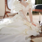 Romantic High Collar Appliques Wedding Dresses Satin Long Sleeve A-Line Bridal Dress C9863