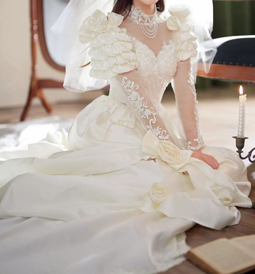 Romantic High Collar Appliques Wedding Dresses Satin Long Sleeve A-Line Bridal Dress C9863