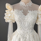 Attractive High Collar Ivory Prom Dress Long Sleeve Appliques Satin A-Line Evening Dress C9864
