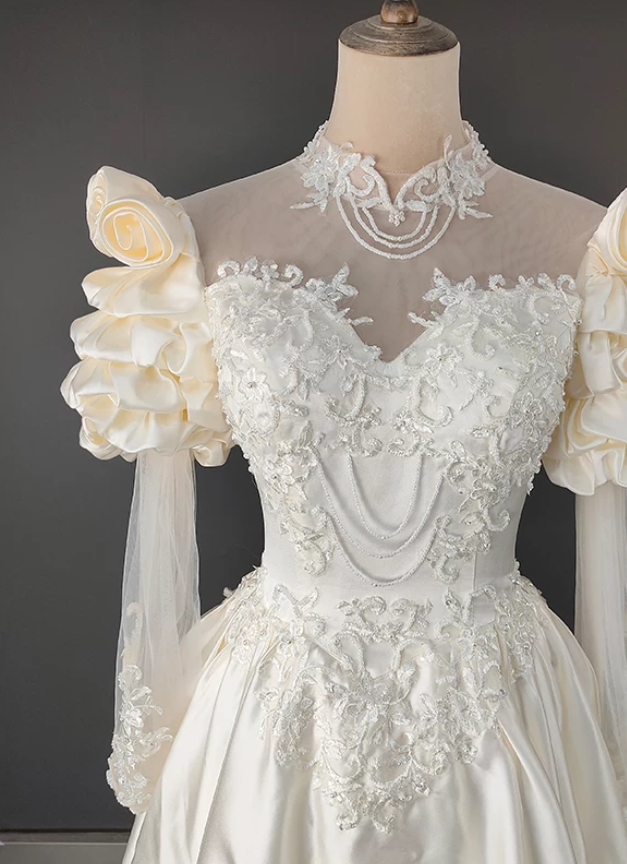 Attractive High Collar Ivory Prom Dress Long Sleeve Appliques Satin A-Line Evening Dress C9864