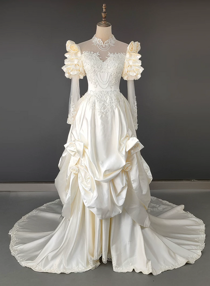 Attractive High Collar Ivory Prom Dress Long Sleeve Appliques Satin A-Line Evening Dress C9864