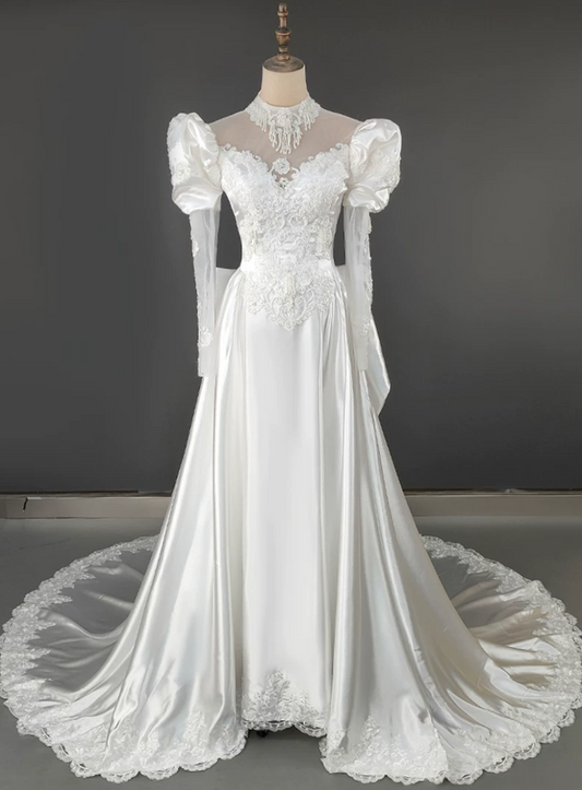 Trendy High Collar Appliques Wedding Dresses Long Sleeve Satin A-Line Bridal Dress C9865