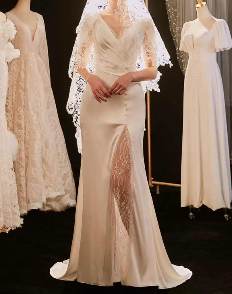Superbe robe de mariée sirène bustier en satin et tulle, longue et en dentelle, C4563