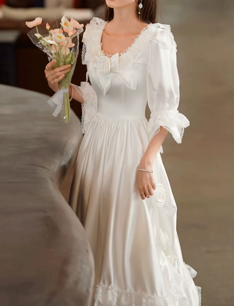 Gorgeous Square Neck Lace Wedding Dresses Short Sleeve Satin A-Line Bridal Dress C9871