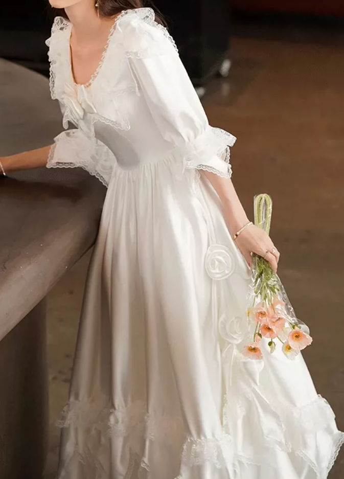 Gorgeous Square Neck Lace Wedding Dresses Short Sleeve Satin A-Line Bridal Dress C9871