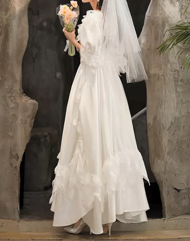 Gorgeous Square Neck Lace Wedding Dresses Short Sleeve Satin A-Line Bridal Dress C9871
