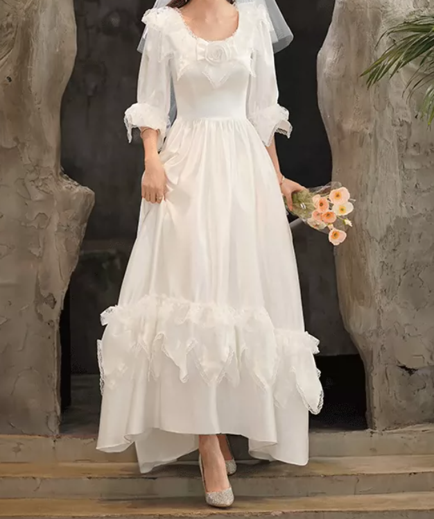 Gorgeous Square Neck Lace Wedding Dresses Short Sleeve Satin A-Line Bridal Dress C9871