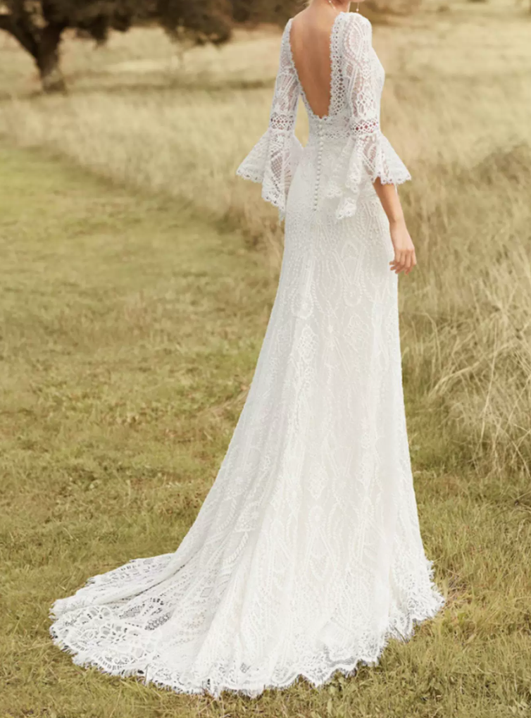 Classical Jewel Neck Backless Wedding Dresses Long Sleeve Lace A-Line Bridal Dress C9875