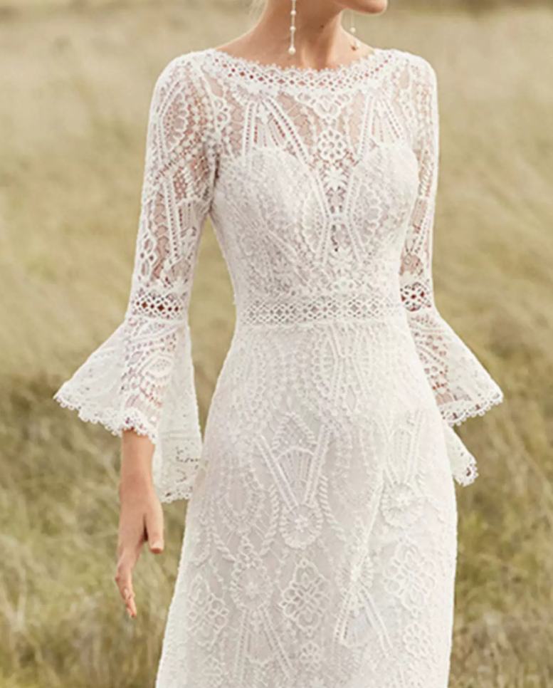 Classical Jewel Neck Backless Wedding Dresses Long Sleeve Lace A-Line Bridal Dress C9875
